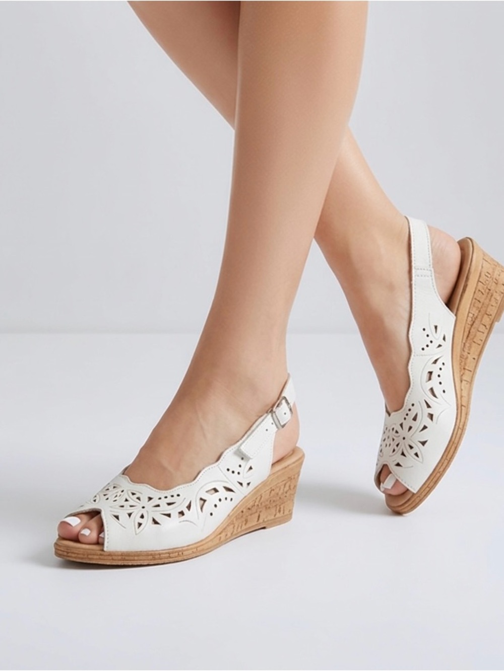 Spring Step Women’s Orella White Slingback Wedge Sandals - Classic Cutout Design